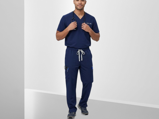 Men Scrub Set, Menswear Stylish Top with pocket Classic Overalls Pants with split on the bottom