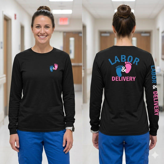 Labor & Delivery Nurse Long Sleeve Tee | Baby Footprint Graphic | L&D Nurse Gift