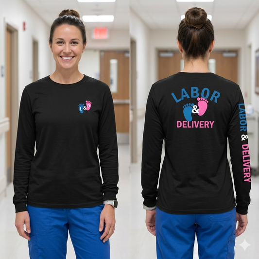 Labor and Delivery Nurse Long Sleeve Tee, Baby Footprint Graphic