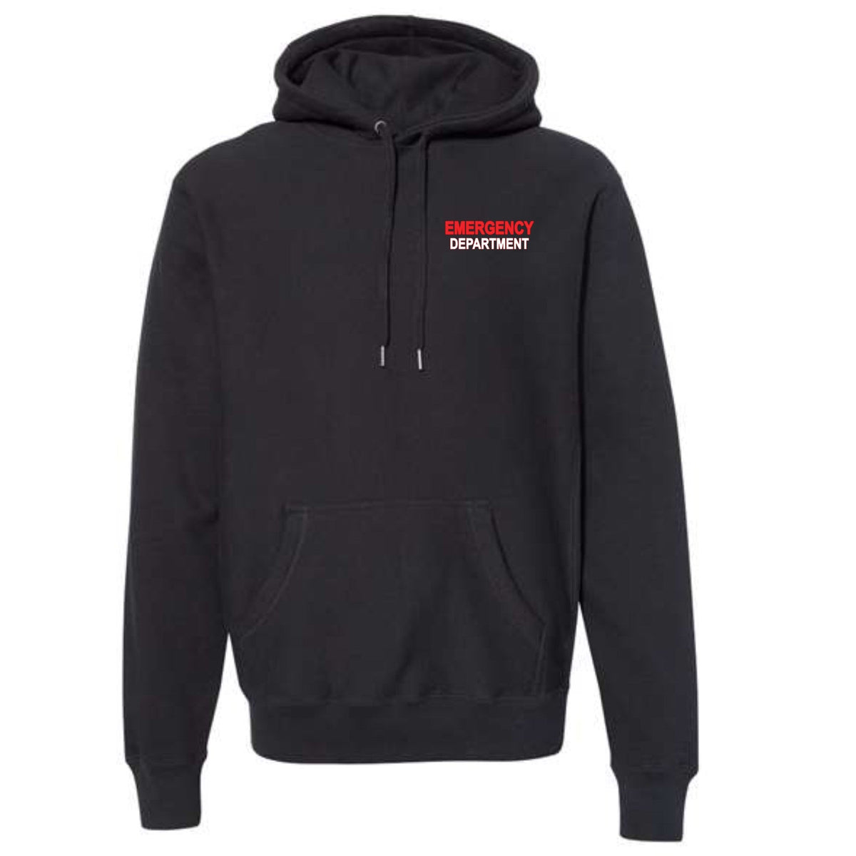 Ashtown Clothing black unisex zip-up hoodie with Emergency Department text printed on the chest