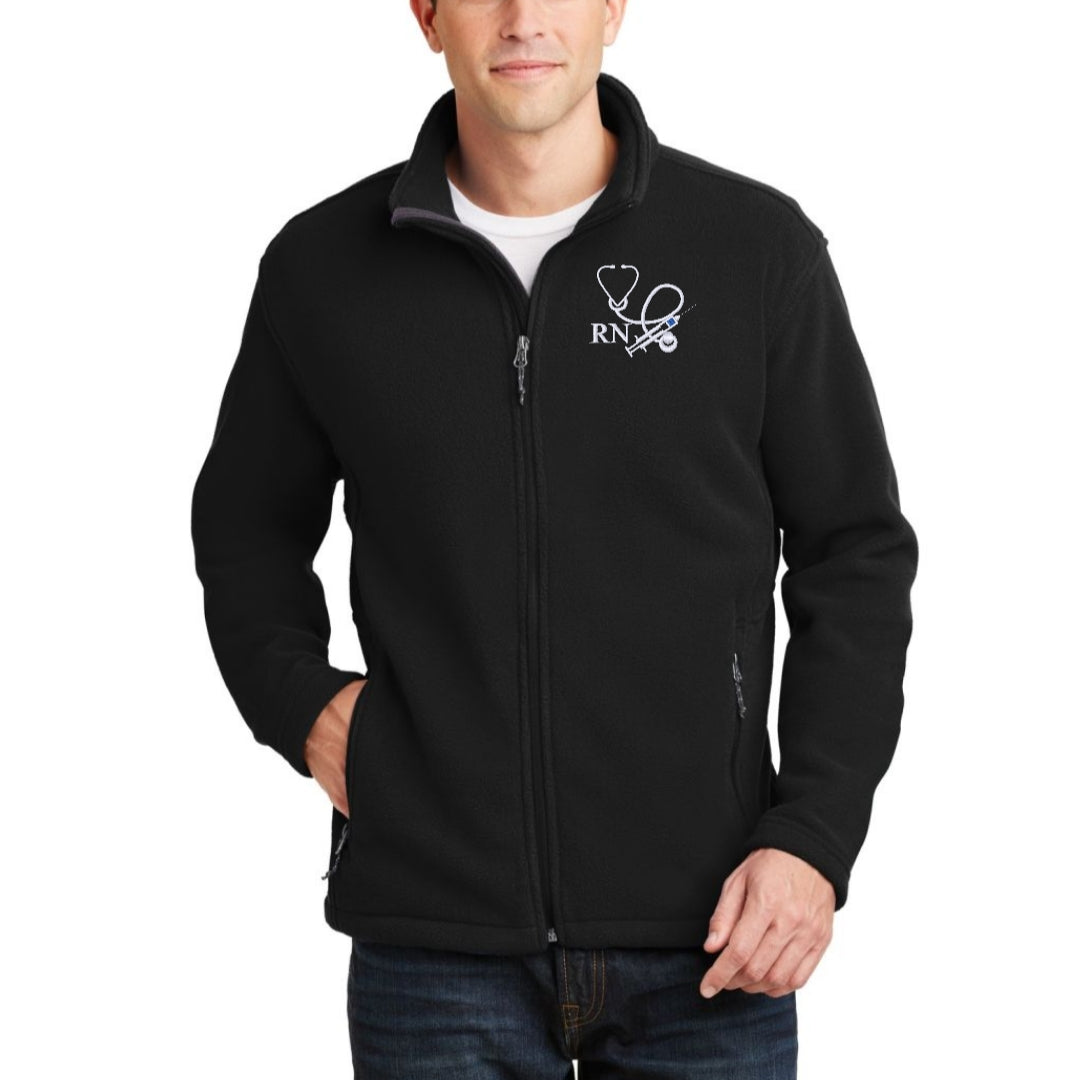 Ashtown Clothing black full zip fleece medical jacket with white embroidered stethoscope and RN logo on chest