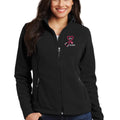 Ashtown Clothing women's black full-zip fleece medical jacket with custom embroidered stethoscope and heart design.