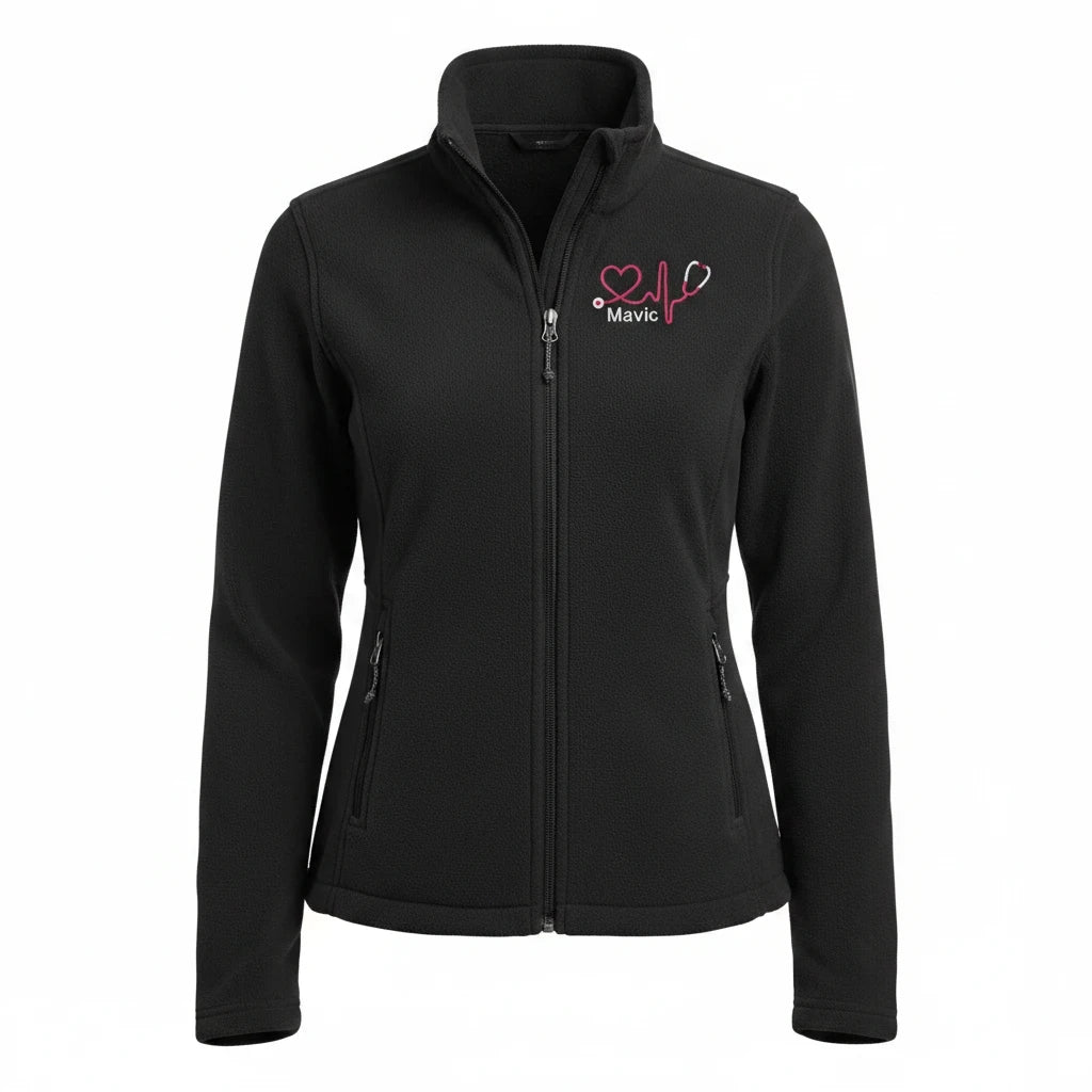 Ashtown Clothing black women's full-zip fleece medical jacket with embroidered heart stethoscope design