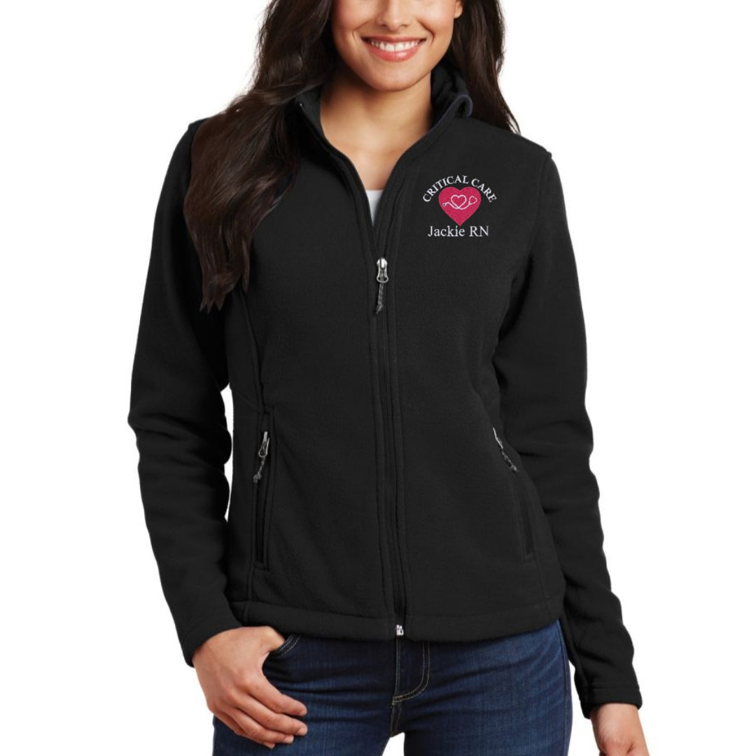 Ashtown Clothing black full-zip fleece medical jacket with custom embroidered heart logo and name on chest