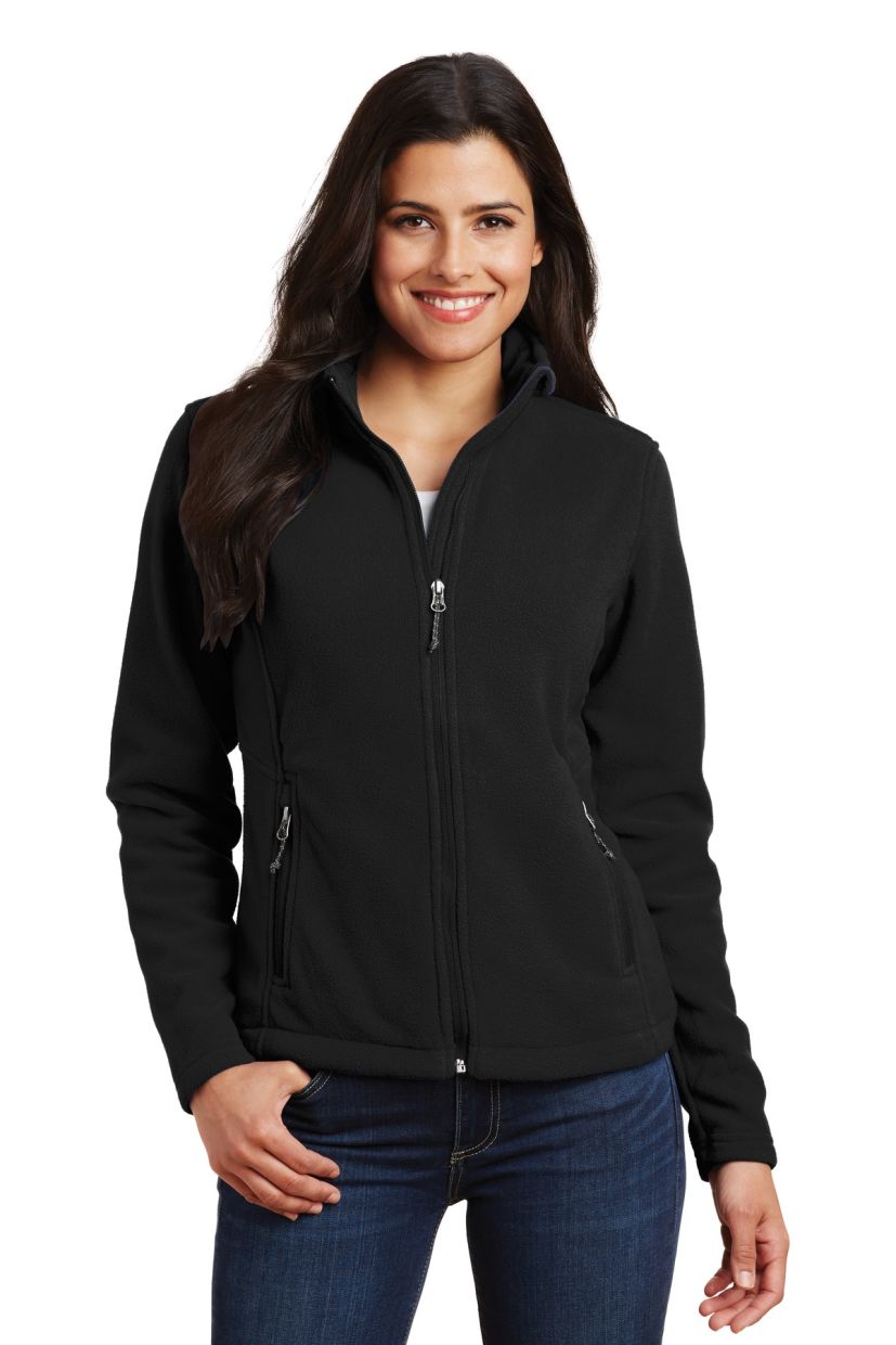 Ashtown Clothing women's black full-zip fleece medical jacket with a stand-up collar and zippered side pockets.