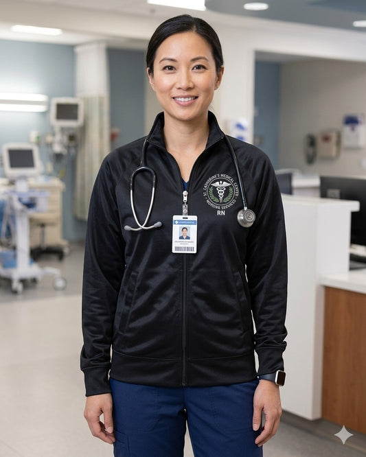 Ashtown Clothing black performance full zip track jacket worn by a nurse with a stethoscope in a clinical setting.