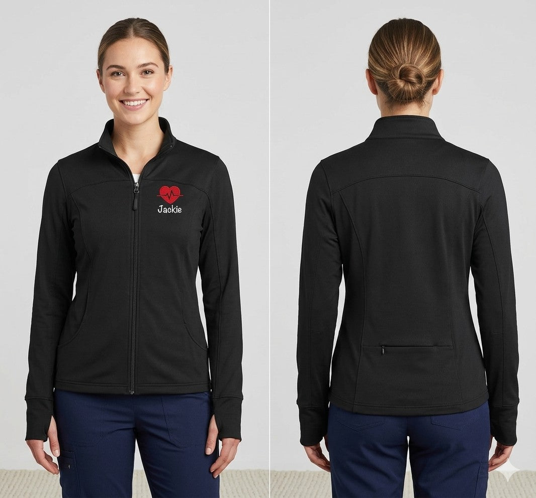 Ashtown Clothing women's black performance full zip medical jacket with custom embroidery and back zipper pocket