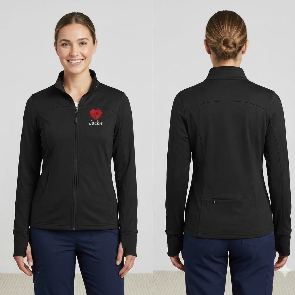 Ashtown Clothing women's black performance full-zip medical jacket with custom embroidery and back zipper pocket