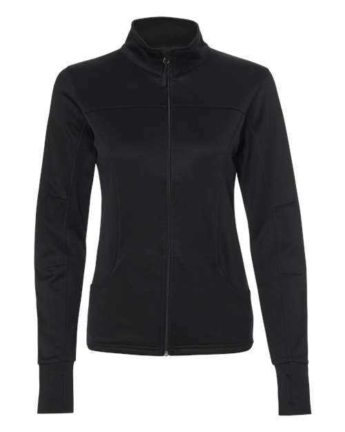Ashtown Clothing women's black performance full-zip medical jacket with thumbhole cuffs and a tailored fit.
