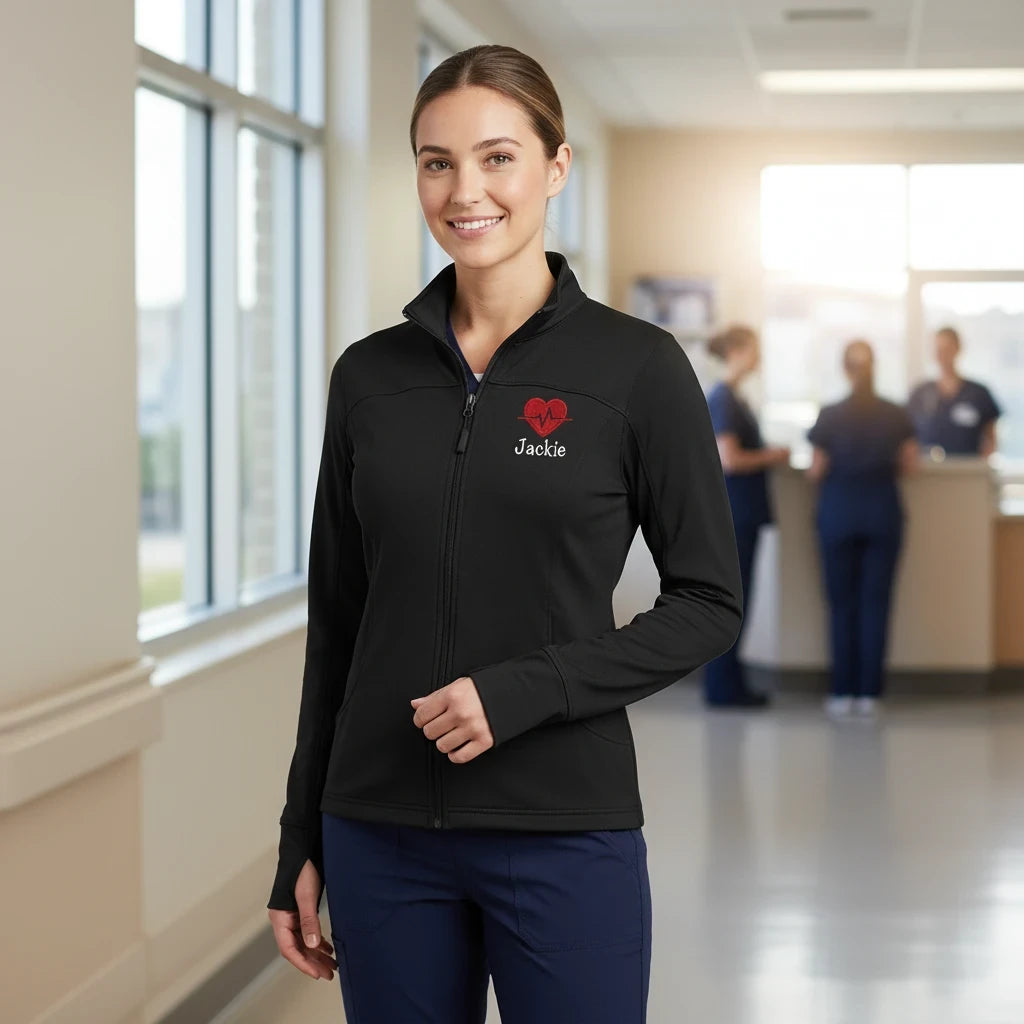 Ashtown Clothing women's black performance full-zip medical jacket with custom heart embroidery in a hospital setting