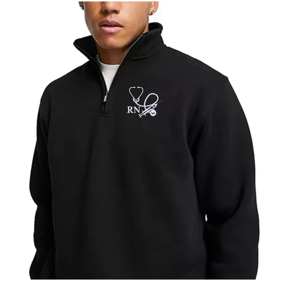 Ashtown Clothing black unisex quarter-zip fleece pullover with custom RN stethoscope embroidery for medical staff