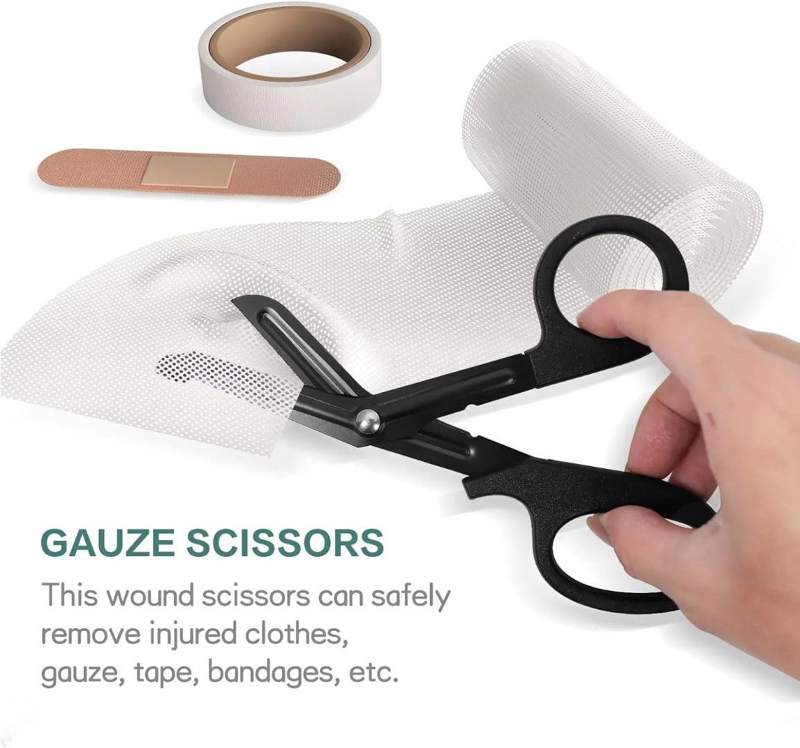 Ashtown Clothing black stainless steel medical trauma shears cutting through white gauze with tape and bandage nearby
