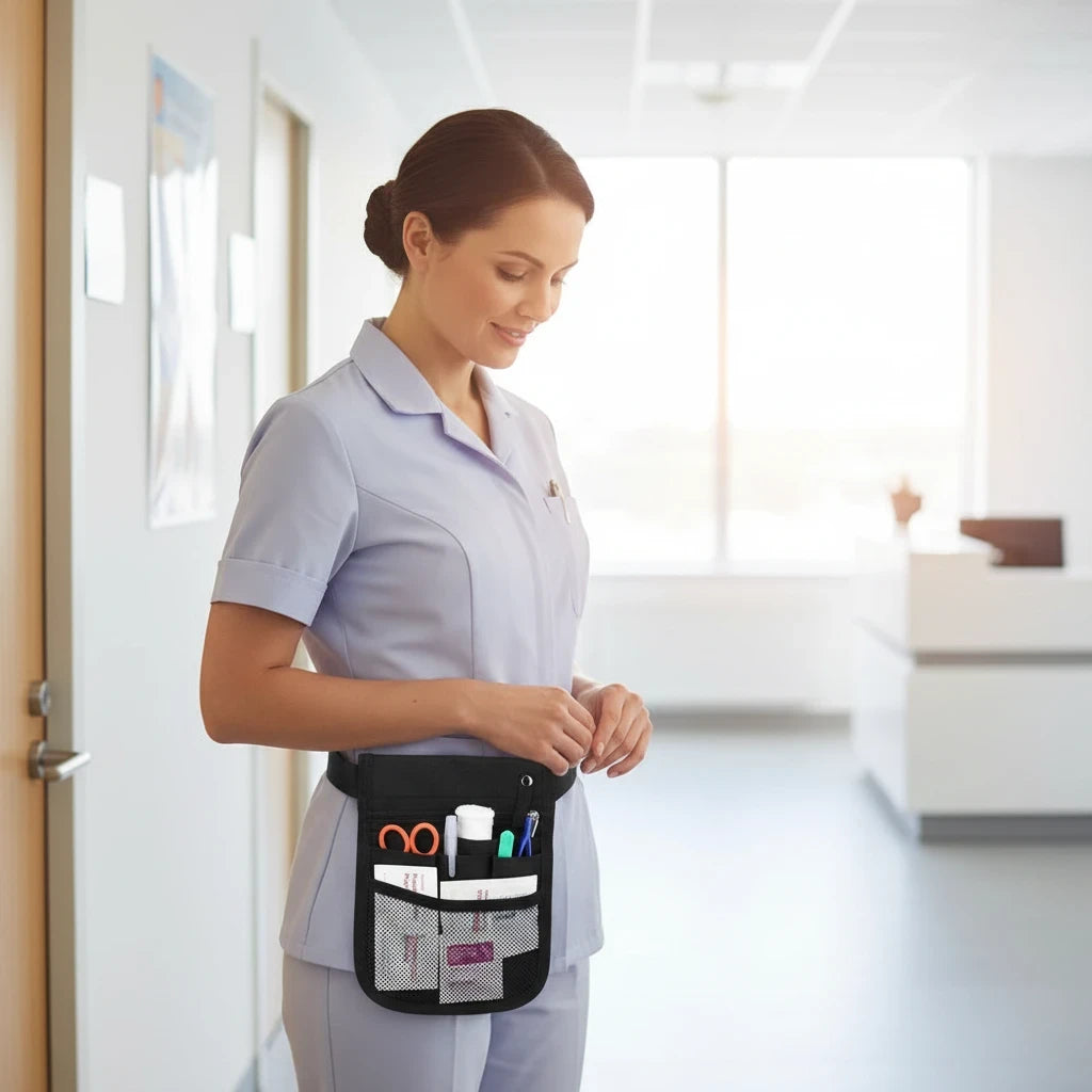 Ashtown Clothing black medical waist organizer pouch worn by a nurse in a hospital, featuring multiple tool pockets.