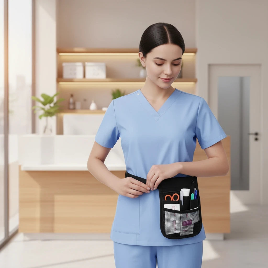 Ashtown Clothing black medical utility waist pouch worn by a nurse in light blue scrubs in a clinical setting.