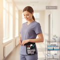 Ashtown Clothing black medical utility waist pouch worn by a nurse in a hospital hallway for organized tool storage