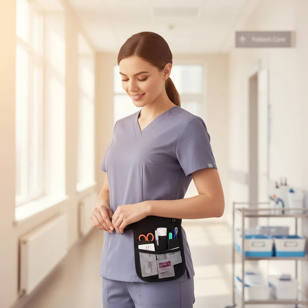 Ashtown Clothing black medical utility waist pouch worn by a nurse in a hospital hallway for organized tool storage