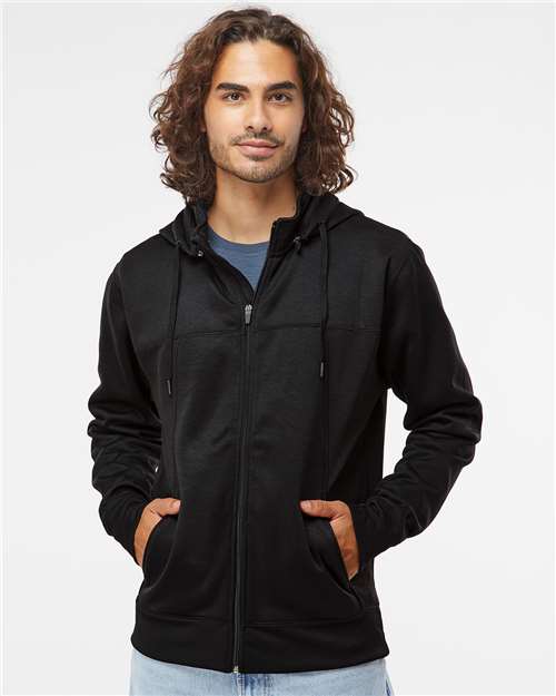 Ashtown Clothing black unisex full-zip medical hoodie worn by a man, featuring durable polyester fabric and pockets.