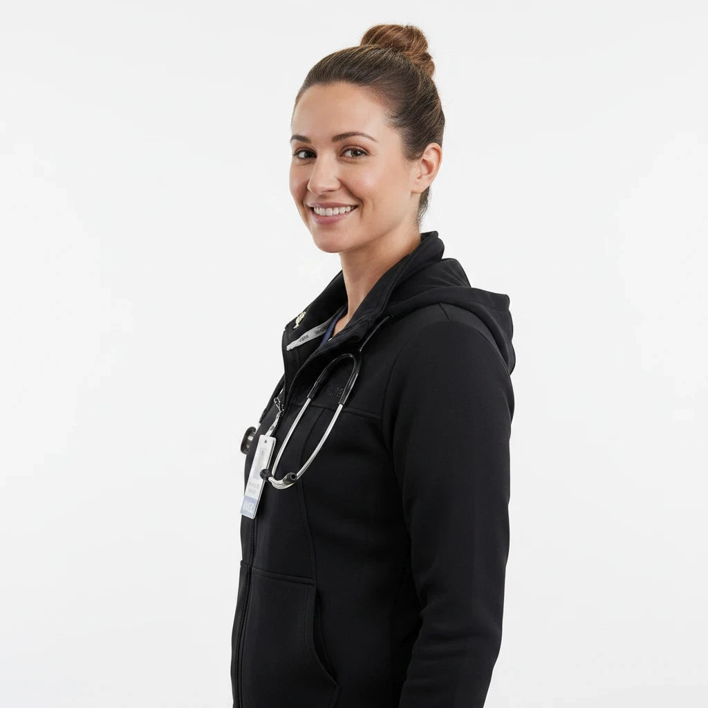 Ashtown Clothing black full-zip medical hoodie worn by a nurse with a stethoscope over scrubs against a white background