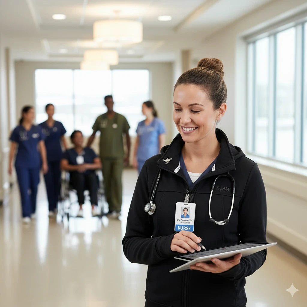Ashtown Clothing black full-zip medical hoodie worn by a smiling nurse holding a tablet in a hospital hallway.