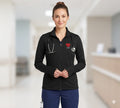 Ashtown Clothing women's black performance full-zip medical jacket with thumbholes and custom heart embroidery