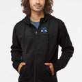 Ashtown Clothing black unisex medical zip-up hoodie with blue RN caduceus embroidery worn by a male model