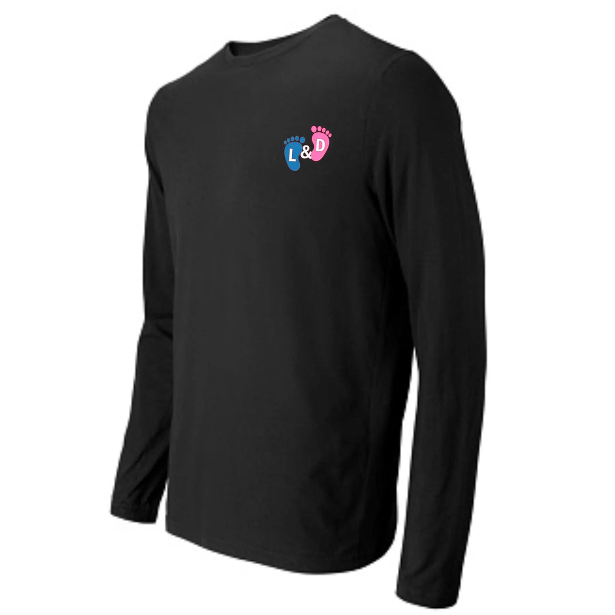 Ashtown Clothing black long sleeve tee featuring a small baby footprint graphic with L&D text for labor delivery nurses
