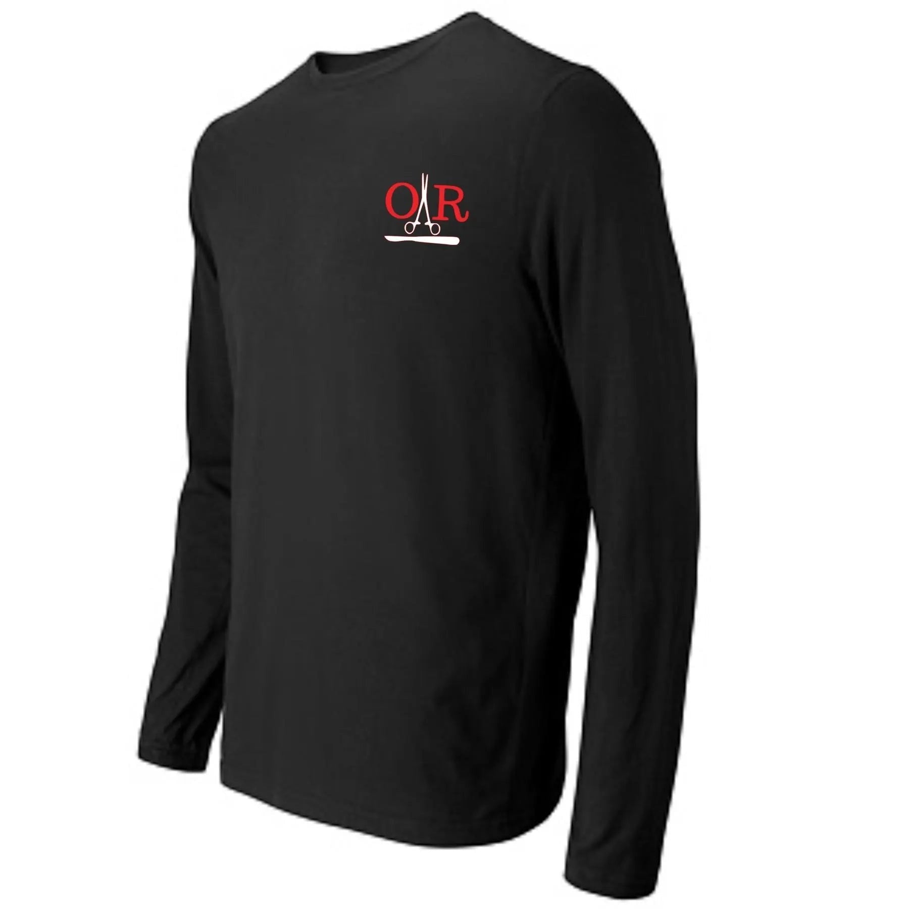 Ashtown Clothing black long sleeve shirt with a small red OR medical graphic on the chest