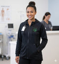 Ashtown Clothing black performance full zip hooded jacket with green embroidery worn by a healthcare professional