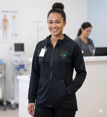 Ashtown Clothing black performance full zip hooded jacket with green embroidery worn by a healthcare professional