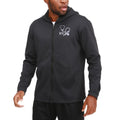 A man wearing an Ashtown Clothing black performance full-zip hooded jacket with custom RN stethoscope embroidery.