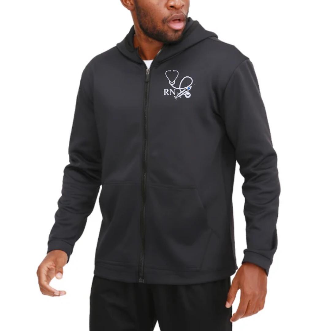 A man wearing an Ashtown Clothing black performance full-zip hooded jacket with custom RN stethoscope embroidery.