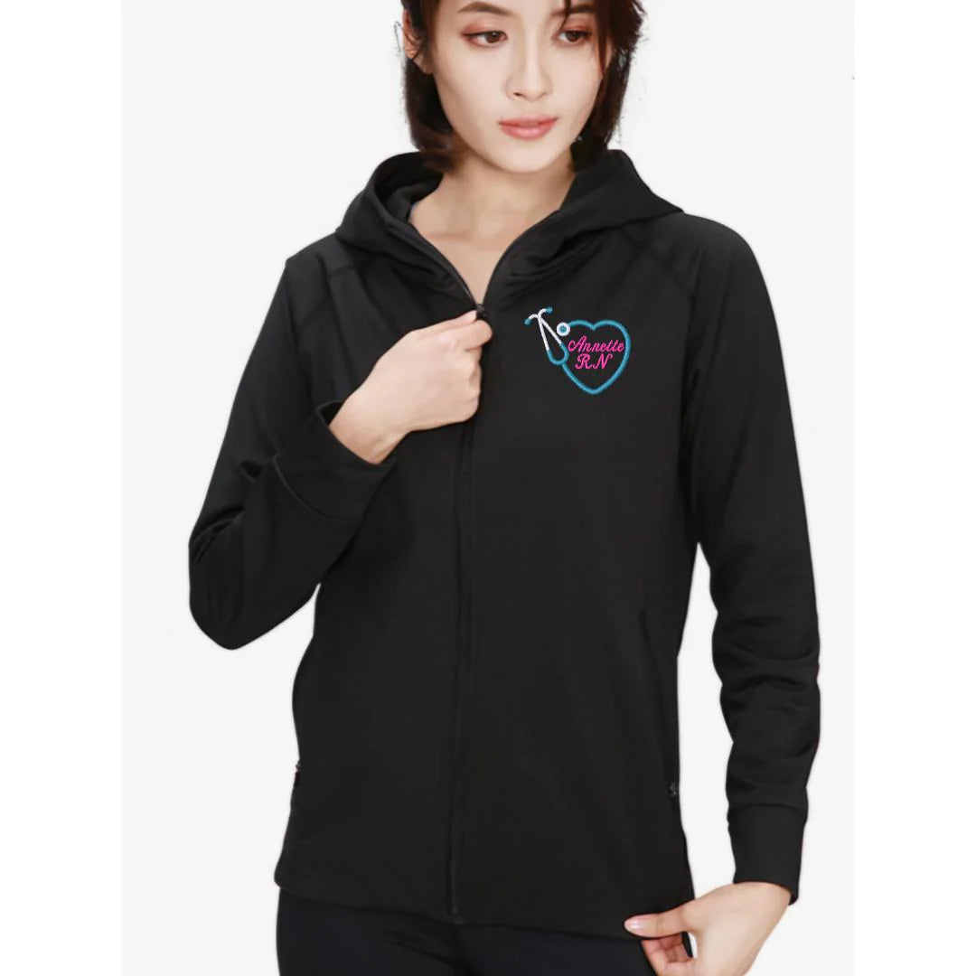 Ashtown Clothing black performance full zip hooded jacket with custom embroidered heart and stethoscope logo