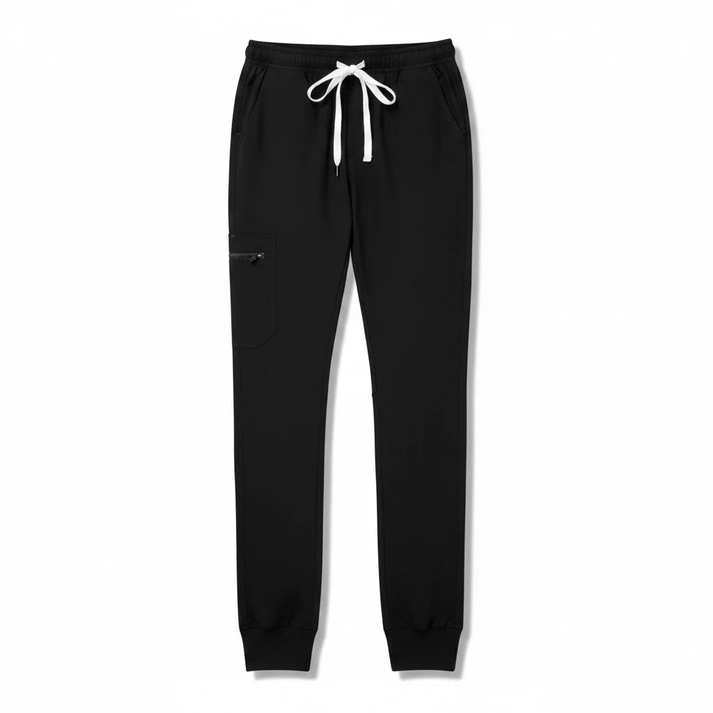 Ashtown Clothing women's black performance scrub joggers with a drawstring waist, ribbed cuffs, and zippered pocket.
