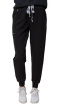 Ashtown Clothing women's black petite scrub jogger pants with a drawstring waist, ribbed cuffs, and zippered pocket.