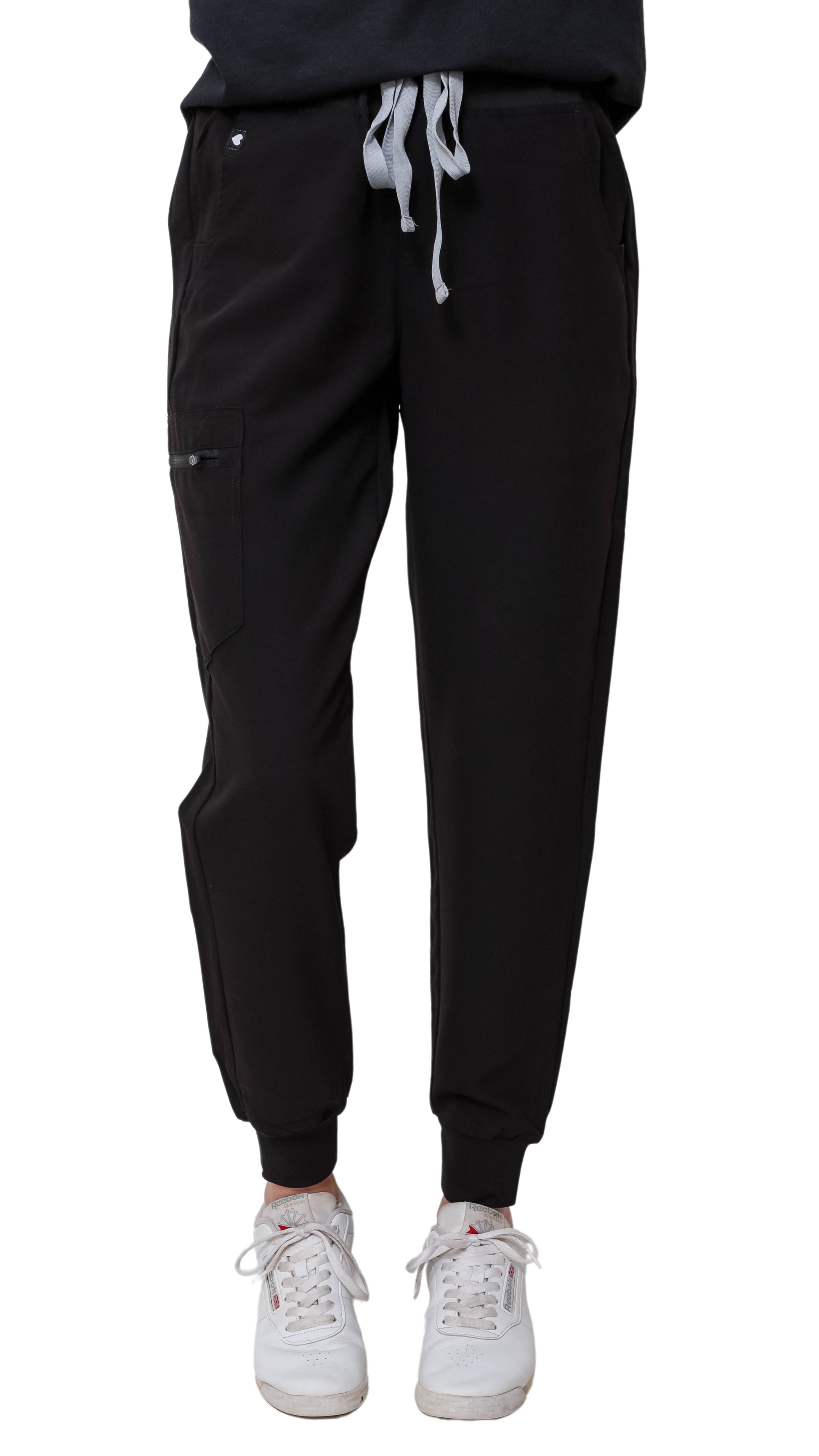 Ashtown Clothing women's black petite scrub jogger pants with a drawstring waist, ribbed cuffs, and zippered pocket.