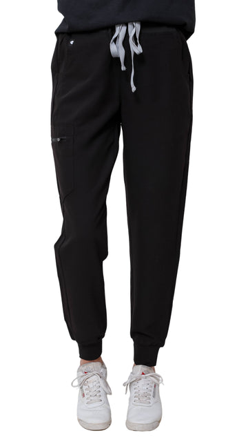 Ashtown Clothing women's black petite scrub jogger pants with a drawstring waist, ribbed cuffs, and zippered pocket.