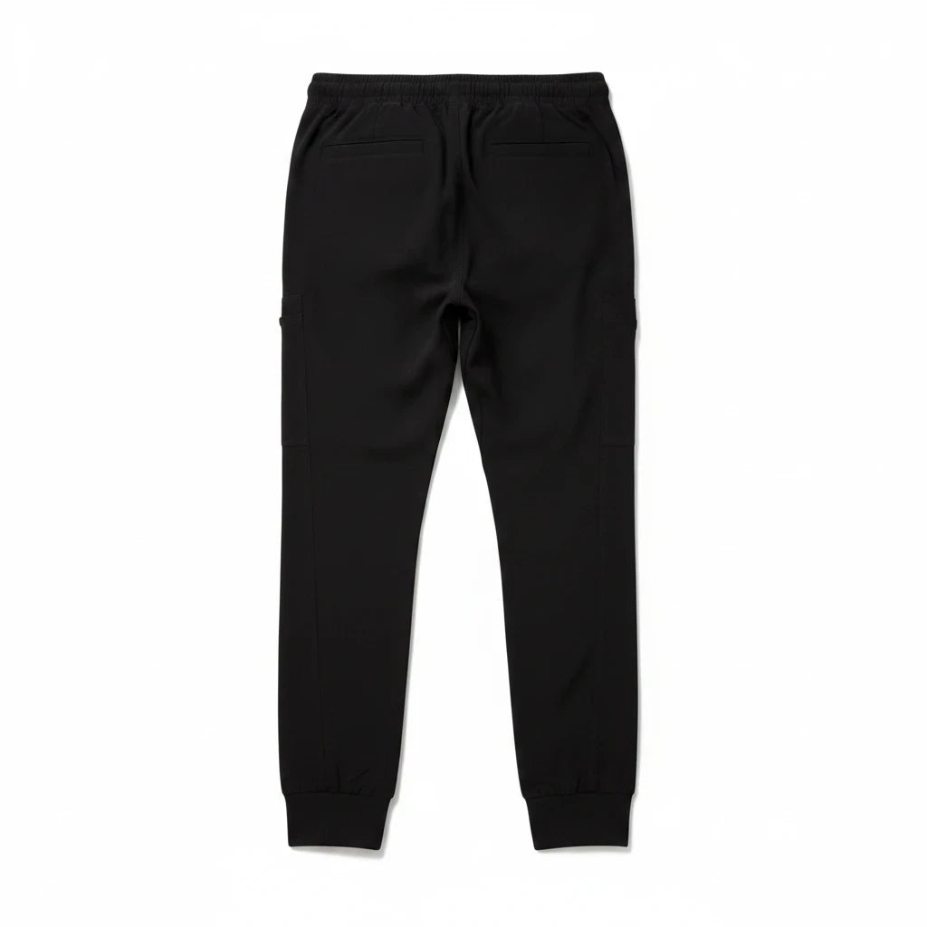 Back view of black Ashtown Clothing women's petite performance scrub joggers with ribbed cuffs and elastic waistband.