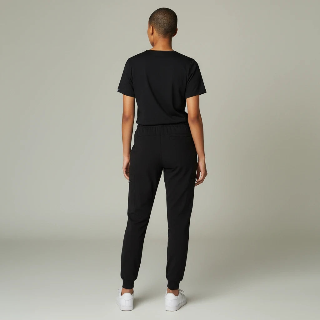 Ashtown Clothing women's petite black performance scrub jogger pants with ribbed cuffs, viewed from the back.