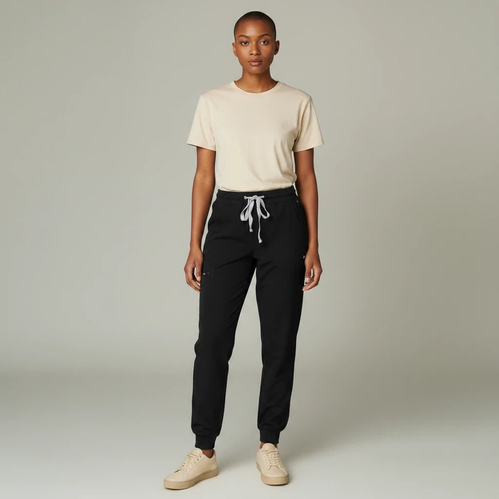 Ashtown Clothing women's black petite performance scrub joggers with a drawstring waist and tapered ribbed cuffs.