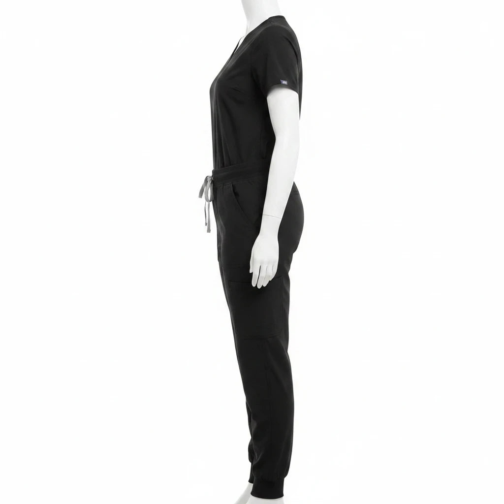 Ashtown Clothing petite fit black V-neck scrub top and jogger pants set on a mannequin, side view.