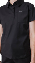 Ashtown Clothing women's black polo-style scrub top with a chest pocket and professional slim-fit design
