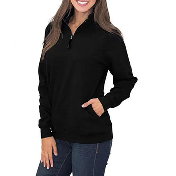 Ashtown Clothing black quarter zip pullover sweatshirt with a stand-up collar worn by a woman with blue jeans