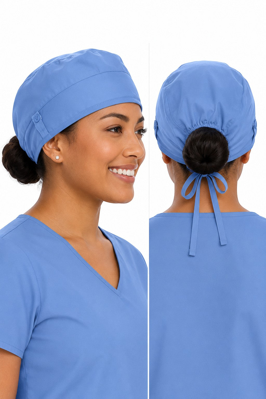 Ashtown Clothing light blue medical scrub hat with adjustable tie-back closure worn by a smiling healthcare worker