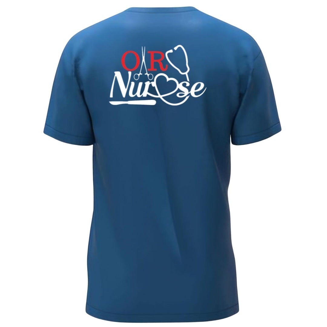 Ashtown Clothing blue short sleeve shirt with OR Nurse graphic featuring a stethoscope and surgical tools on the back