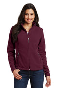Ashtown Clothing women's burgundy full-zip fleece medical jacket with stand-up collar and zippered side pockets.