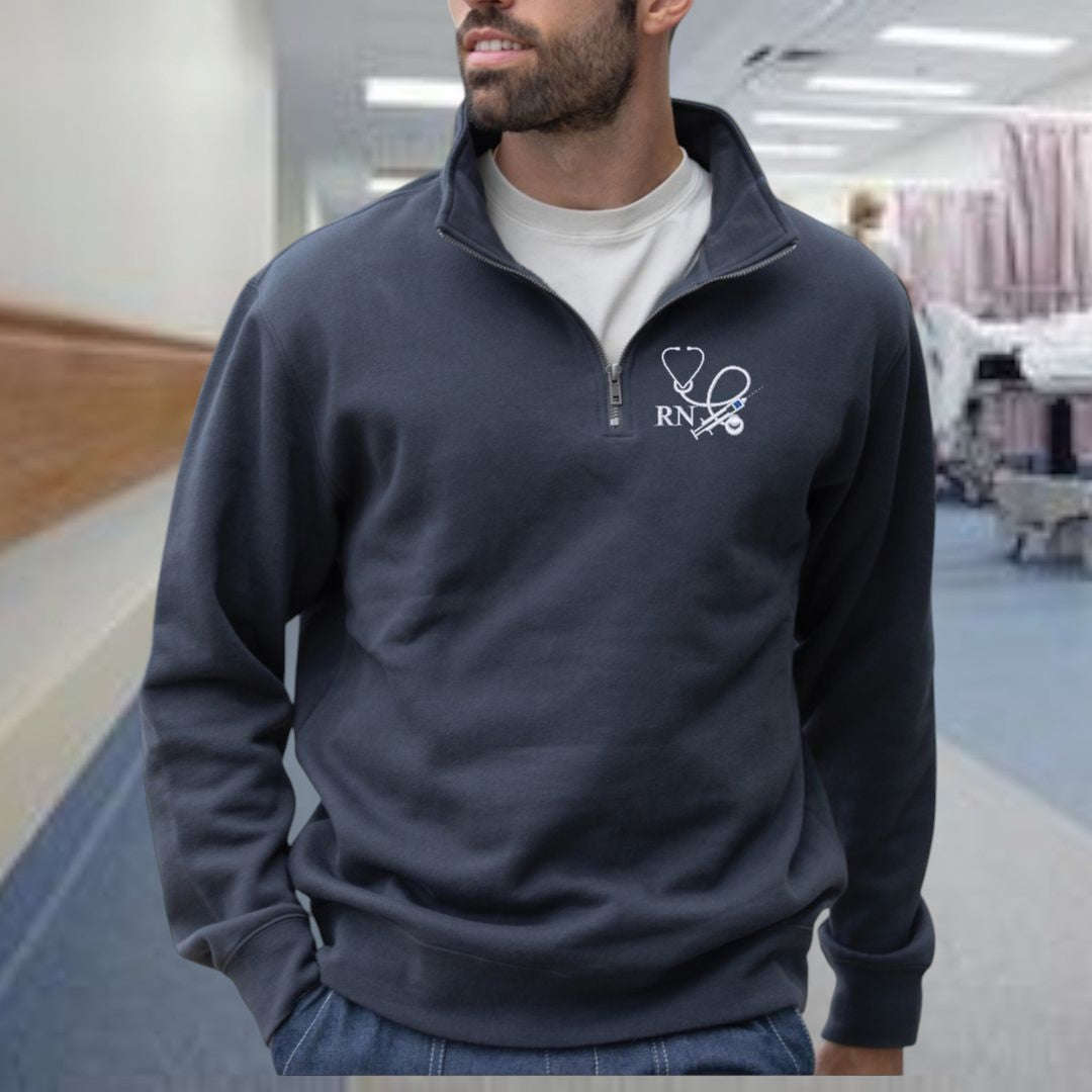 Ashtown Clothing unisex charcoal grey quarter-zip fleece pullover with custom RN and stethoscope embroidery