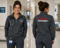 Ashtown Clothing charcoal fleece quarter-zip pullover with custom medical embroidery and Emergency Department text