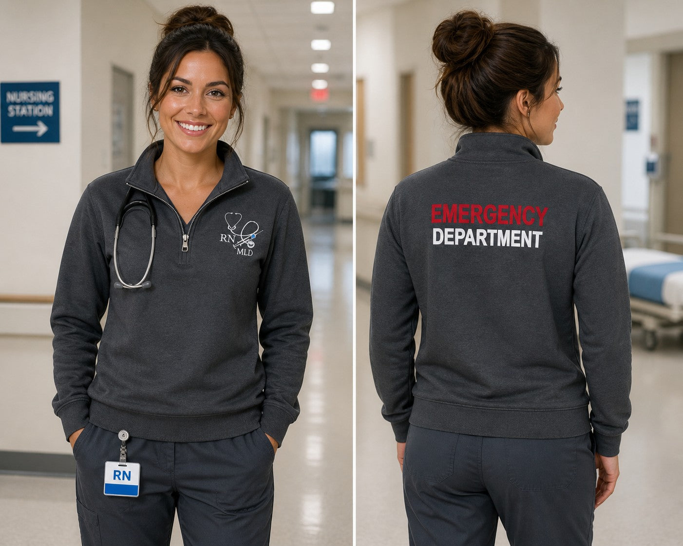 Ashtown Clothing charcoal fleece quarter-zip pullover with custom medical embroidery and Emergency Department text