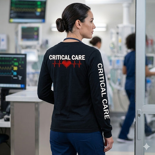 Ashtown Clothing black long sleeve shirt with Critical Care heartbeat graphic worn by a nurse in a hospital setting.