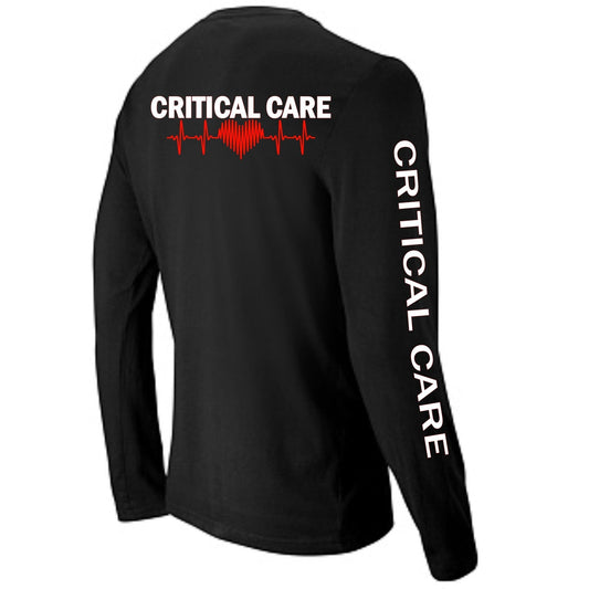 Ashtown Clothing black long sleeve t-shirt with Critical Care heartbeat graphic on back and sleeve text